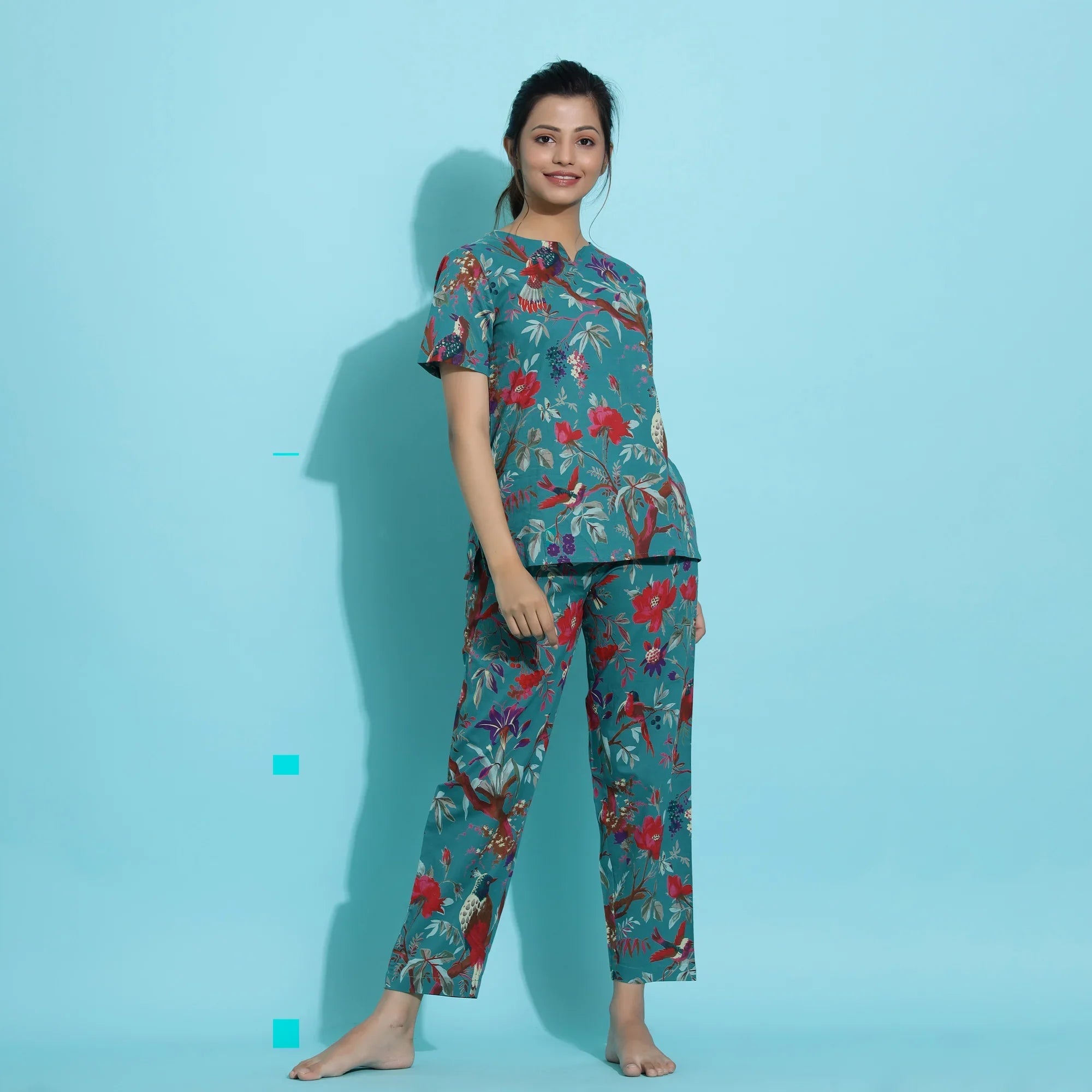 TEAL Green Cotton Printed Night Suit Set with Pajama - SanskrutiHomes 