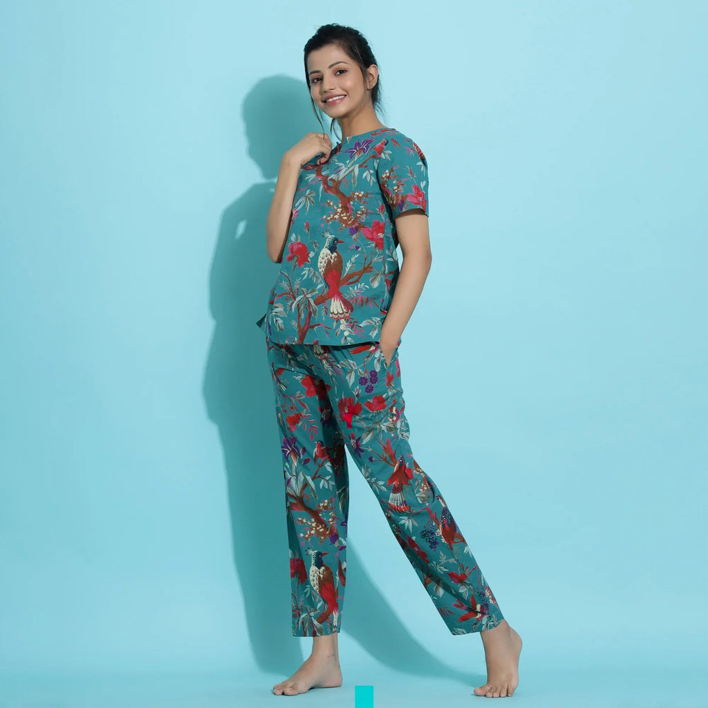 TEAL Green Cotton Printed Night Suit Set with Pajama - SanskrutiHomes 