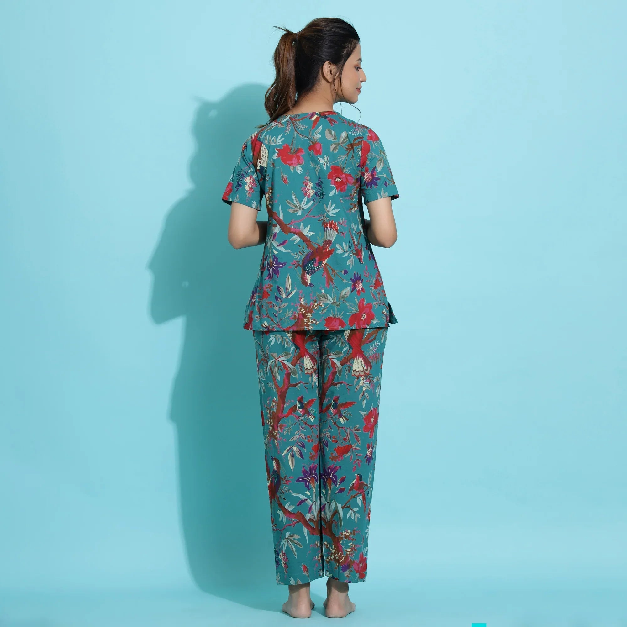 TEAL Green Cotton Printed Night Suit Set with Pajama - SanskrutiHomes 