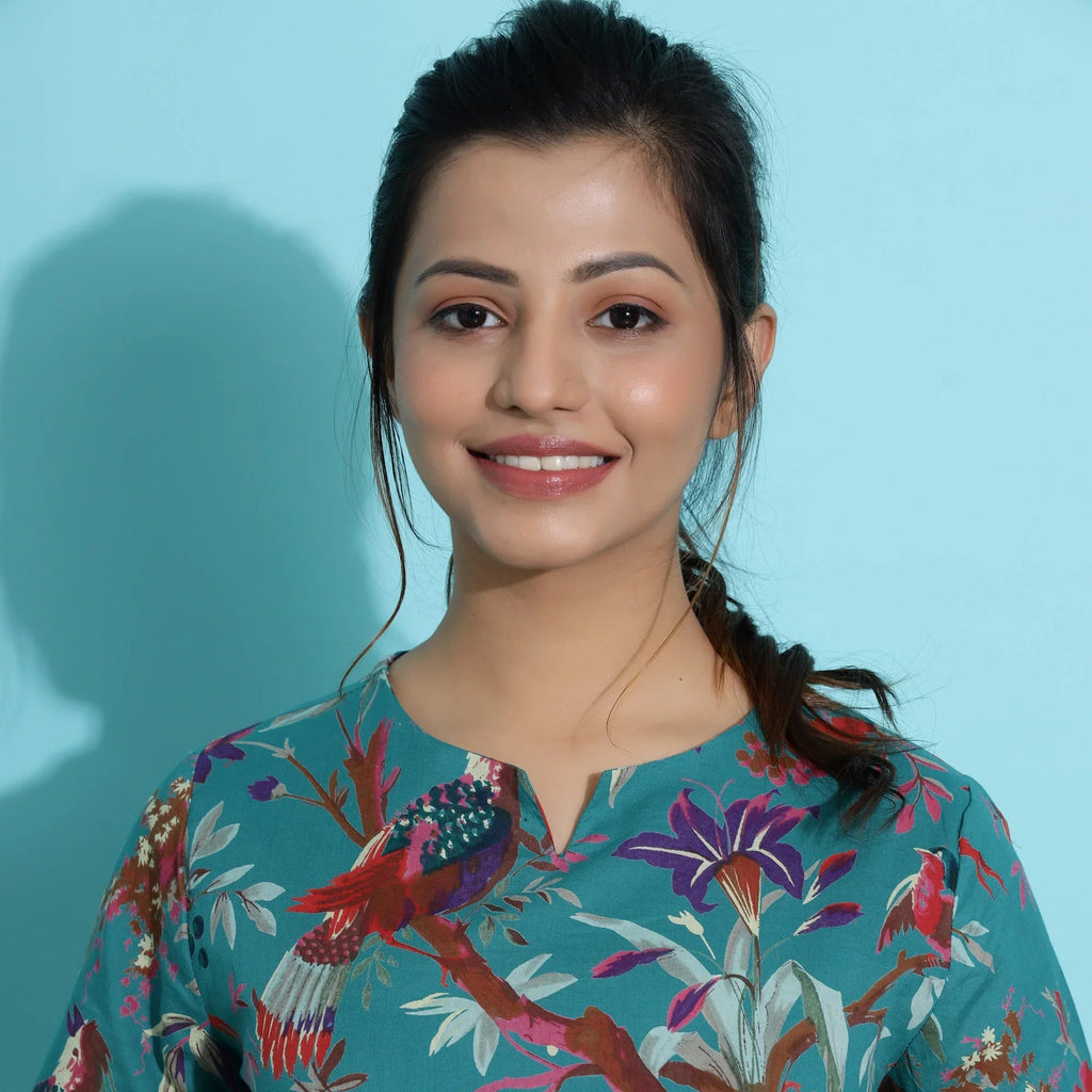 TEAL Green Cotton Printed Night Suit Set with Pajama - SanskrutiHomes 