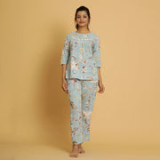 Sky Blue Cotton Printed Night Suit Set - SanskrutiHomes 