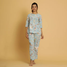 Sky Blue Cotton Printed Night Suit Set - SanskrutiHomes 