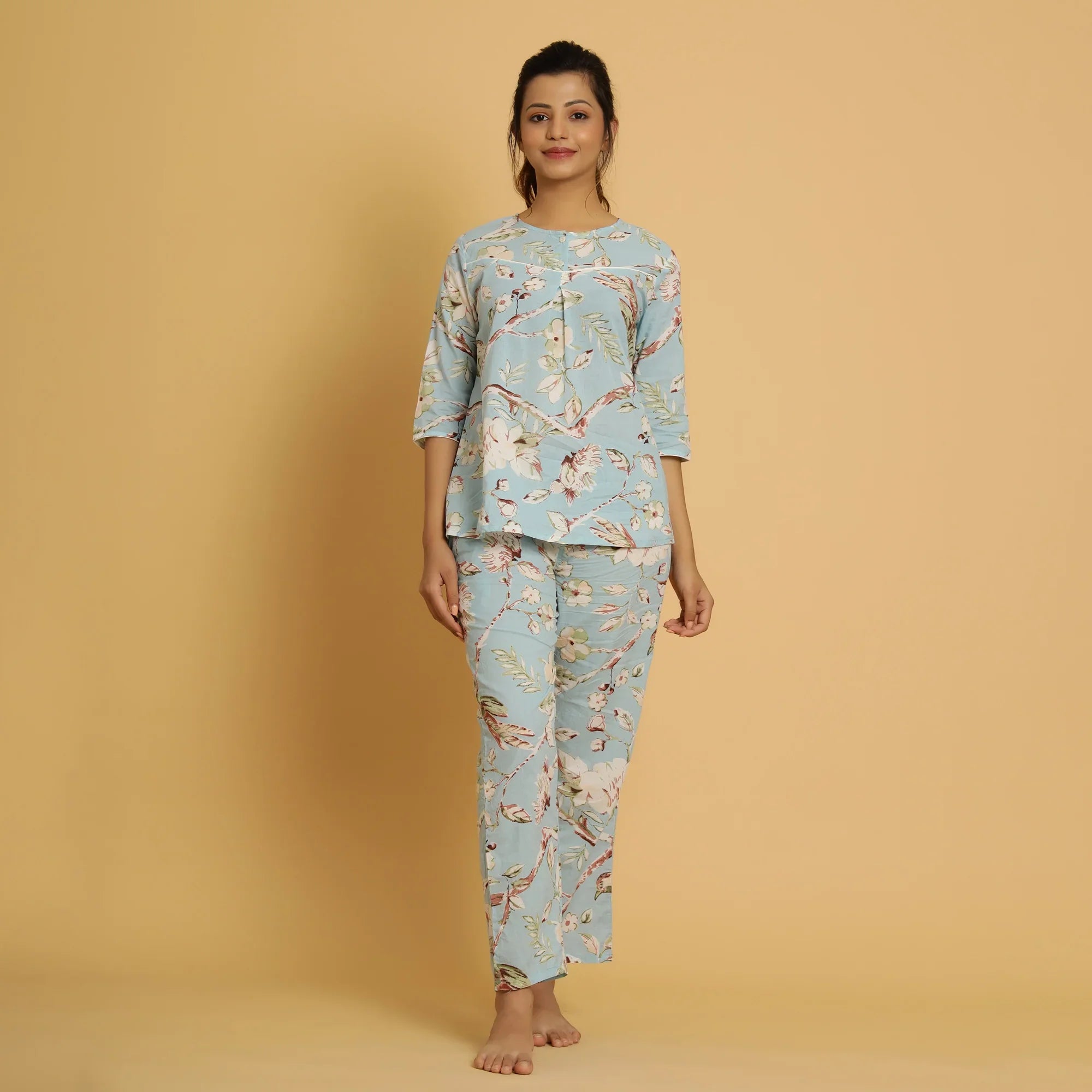 Sky Blue Cotton Printed Night Suit Set - SanskrutiHomes 