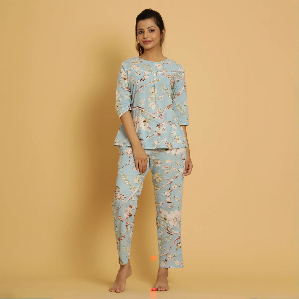 Sky Blue Cotton Printed Night Suit Set - SanskrutiHomes 