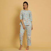 Sky Blue Cotton Printed Night Suit Set - SanskrutiHomes 