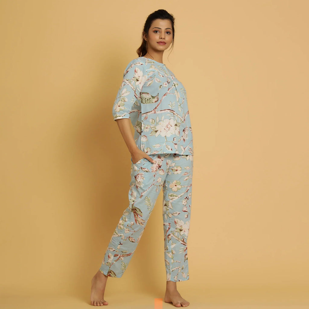 Sky Blue Cotton Printed Night Suit Set - SanskrutiHomes 