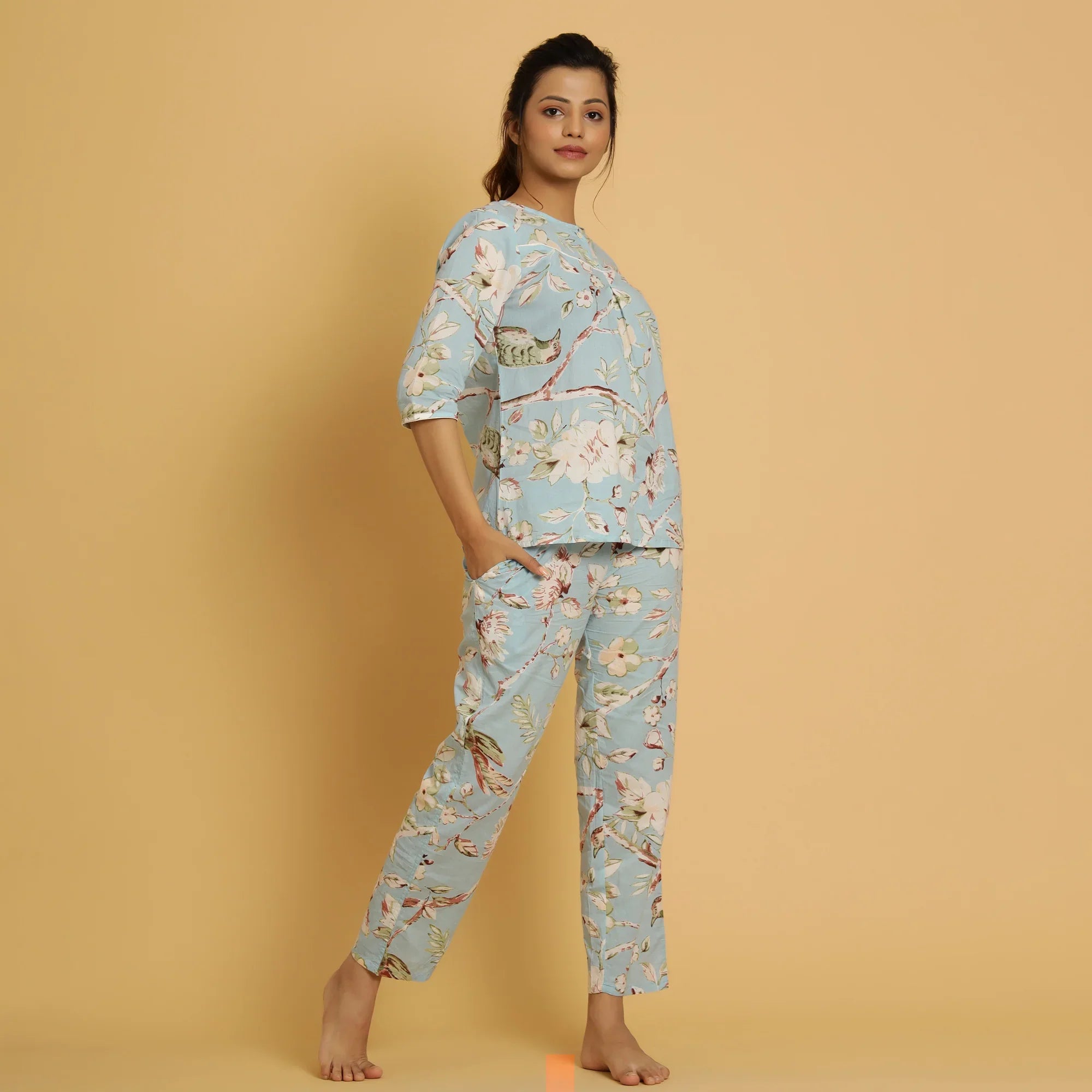 Sky Blue Cotton Printed Night Suit Set - SanskrutiHomes 