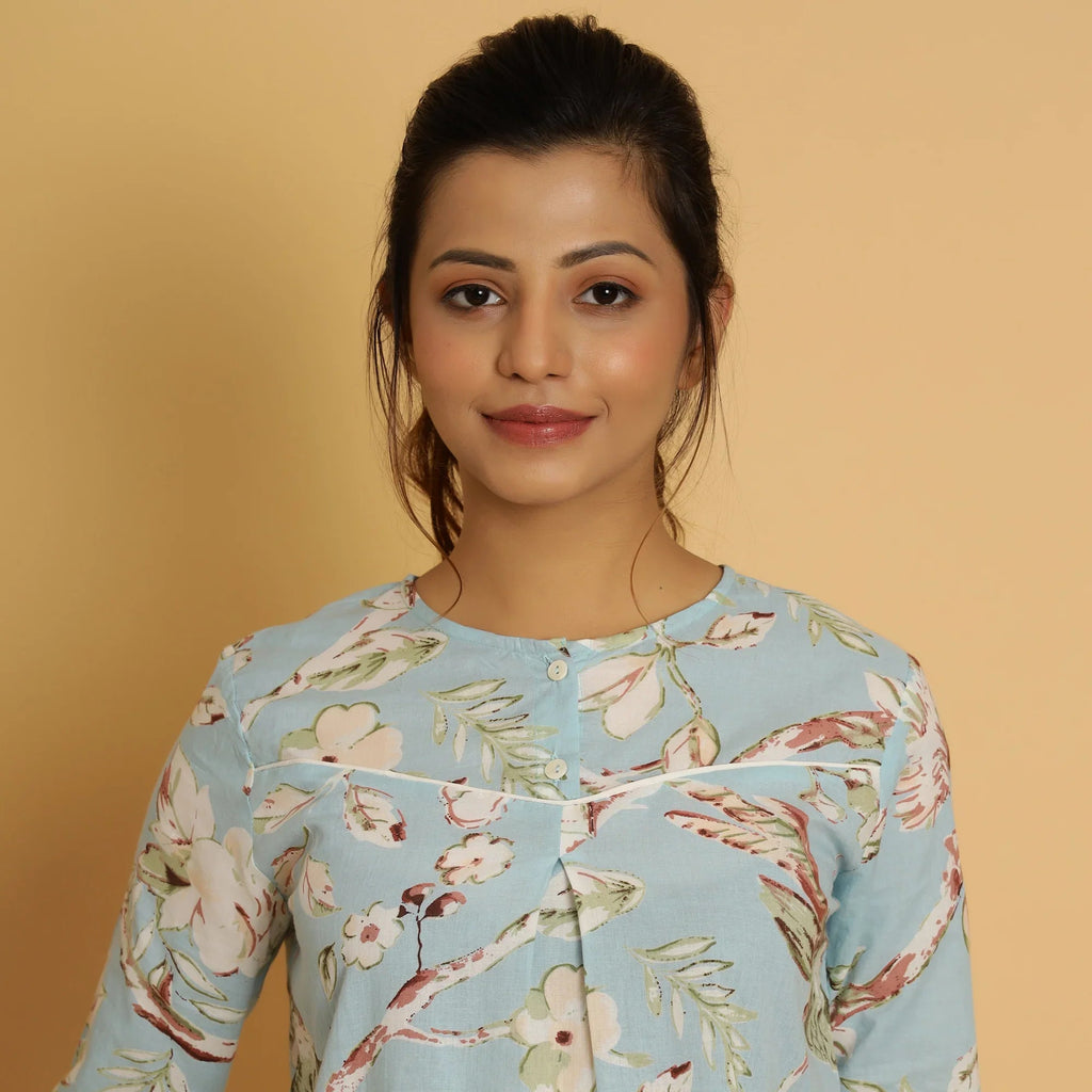 Sky Blue Cotton Printed Night Suit Set - SanskrutiHomes 