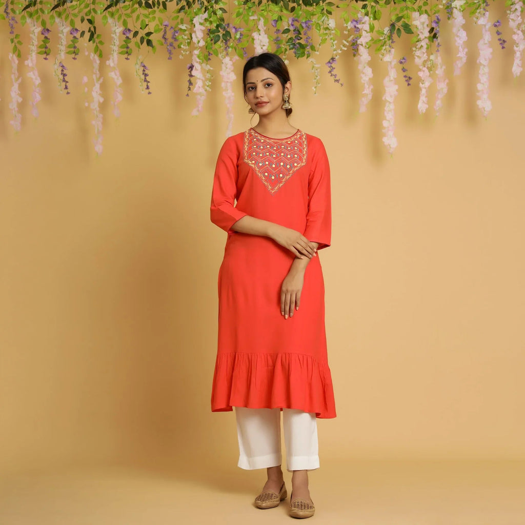 RangDeep Women Tangerine Embroidered Straight Kurti - SanskrutiHomes 