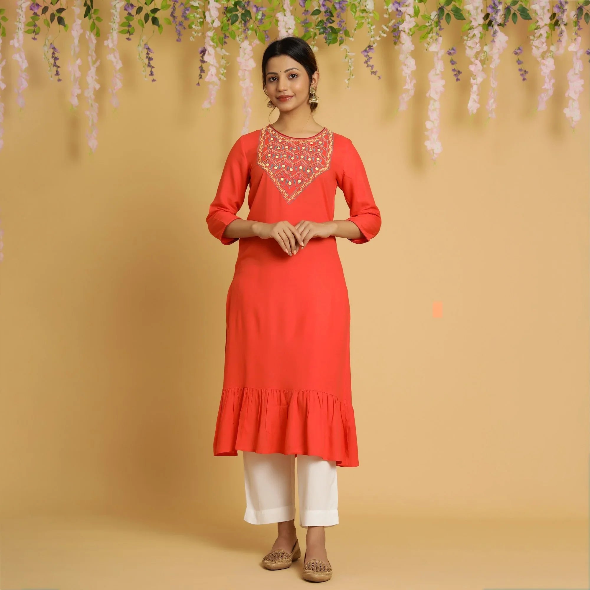 RangDeep Women Tangerine Embroidered Straight Kurti - SanskrutiHomes 