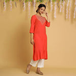 RangDeep Women Tangerine Embroidered Straight Kurti - SanskrutiHomes 
