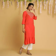 RangDeep Women Tangerine Embroidered Straight Kurti - SanskrutiHomes 