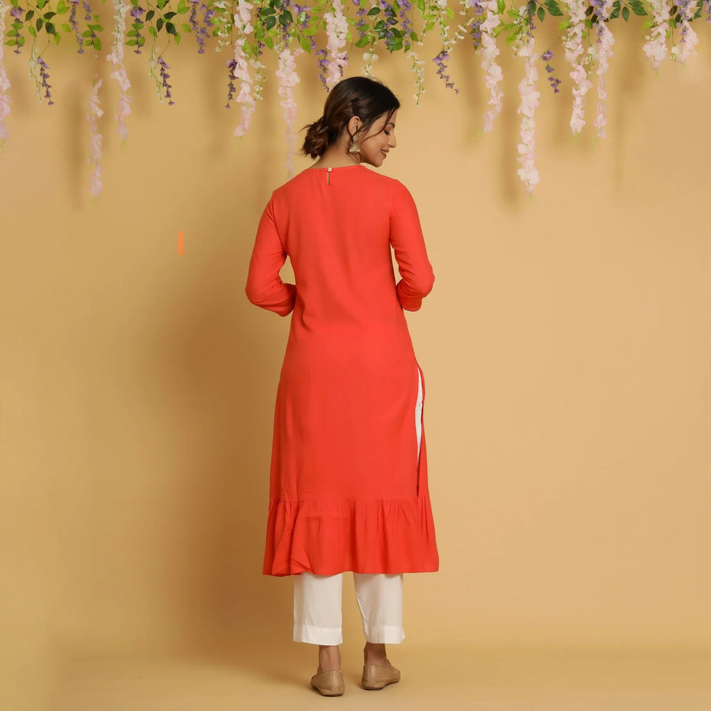 RangDeep Women Tangerine Embroidered Straight Kurti - SanskrutiHomes 