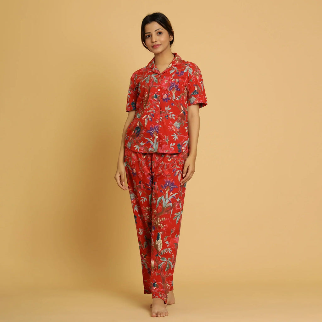 Red Cotton Printed Night Suit Set with Pajama - SanskrutiHomes 