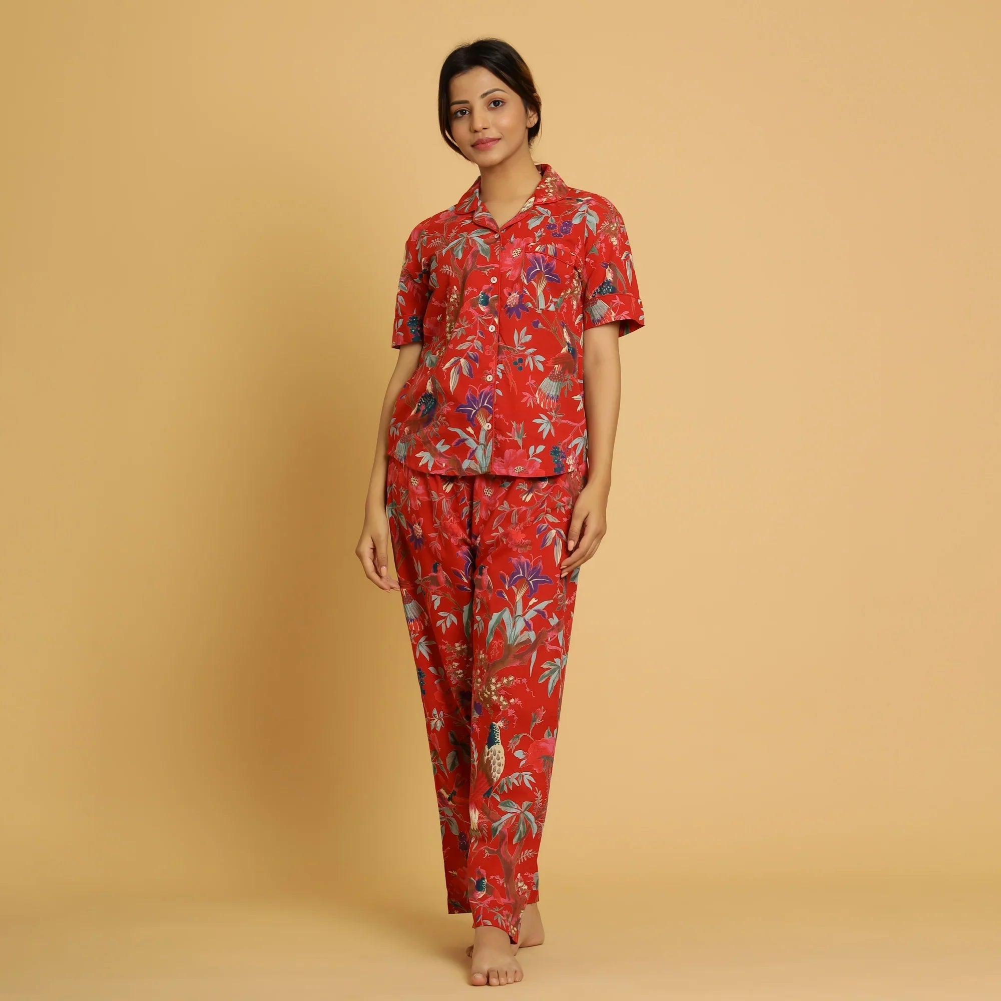Red Cotton Printed Night Suit Set with Pajama - SanskrutiHomes 