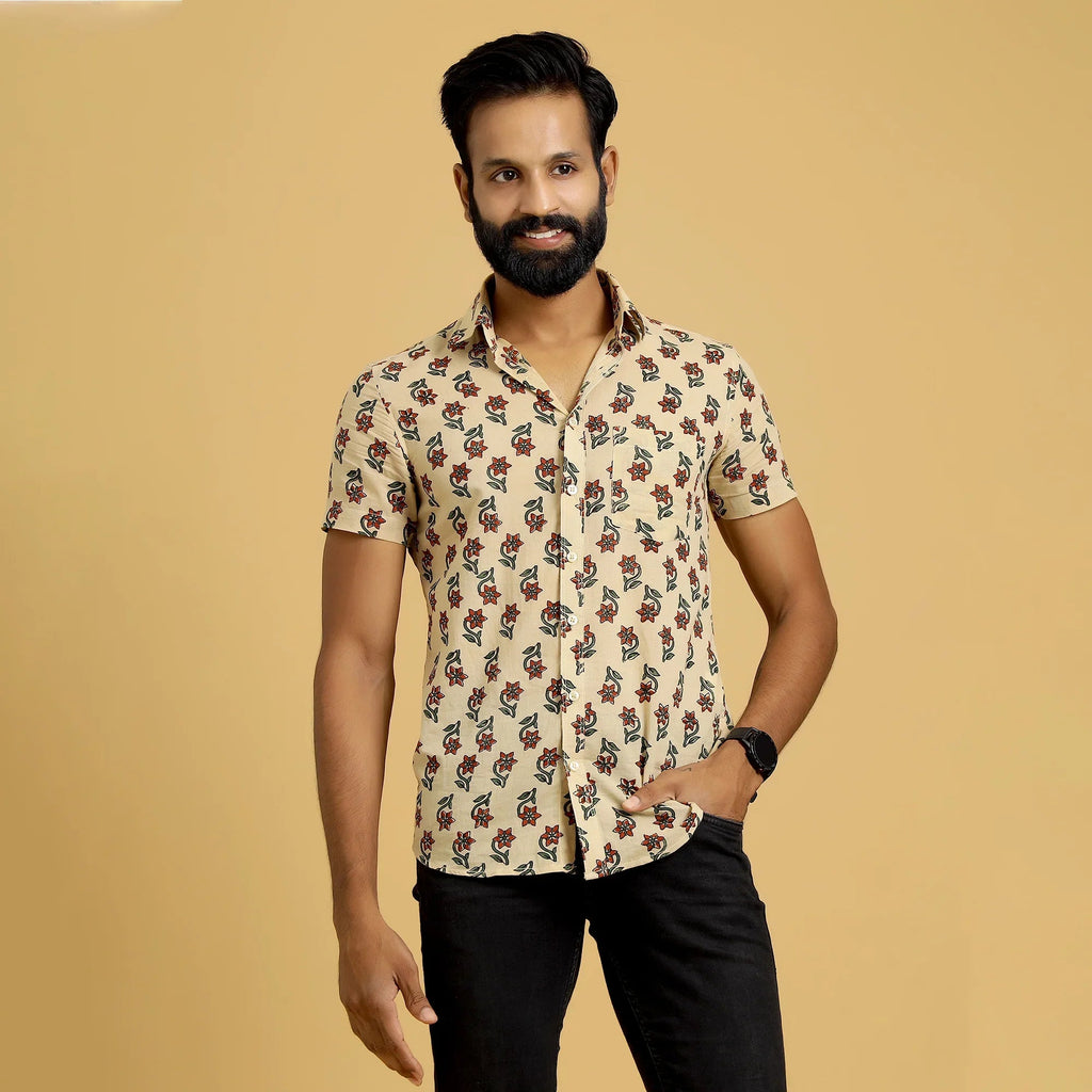 Sanskruti Homes Ivory Cotton Printed Shirt ( half sleeves ) - SanskrutiHomes 
