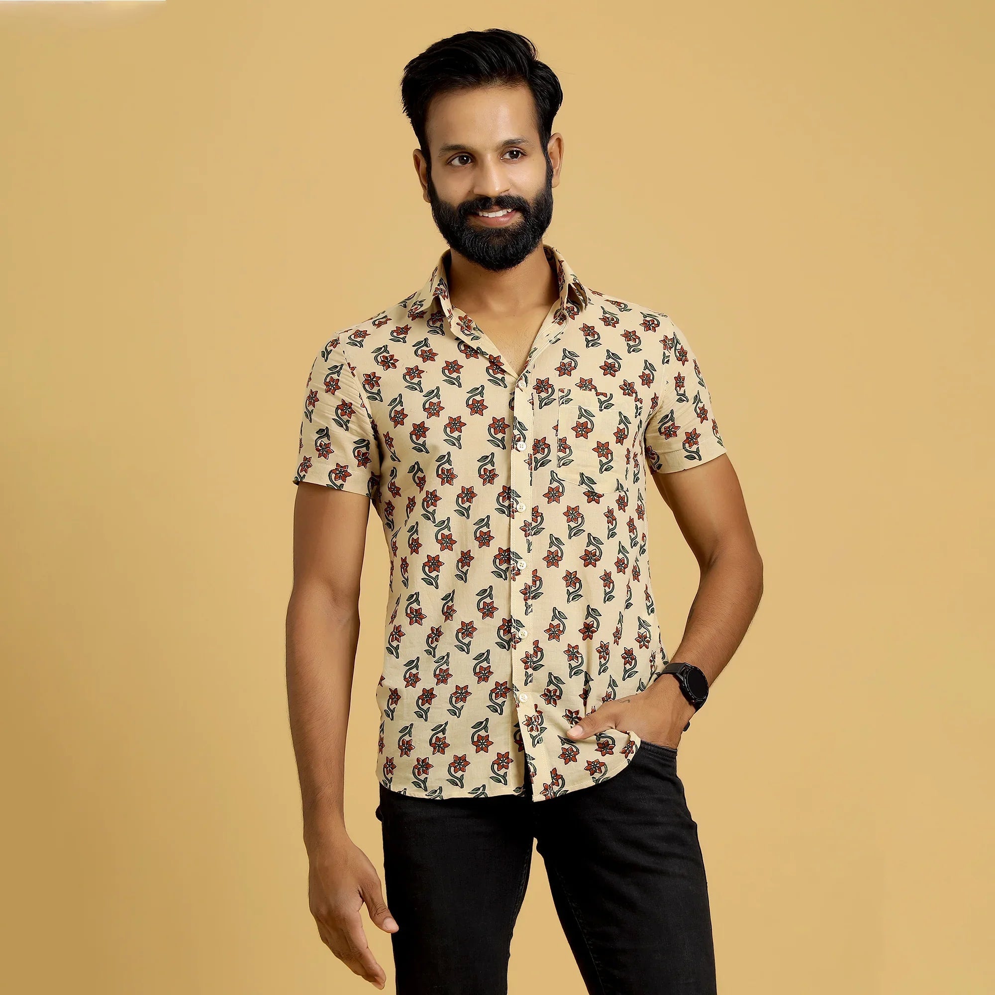 Sanskruti Homes Ivory Cotton Printed Shirt ( half sleeves ) - SanskrutiHomes 