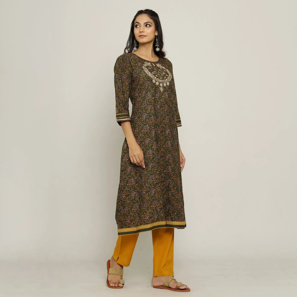 Rang Deep Women Green Cotton Kurti with plazzo - SanskrutiHomes 