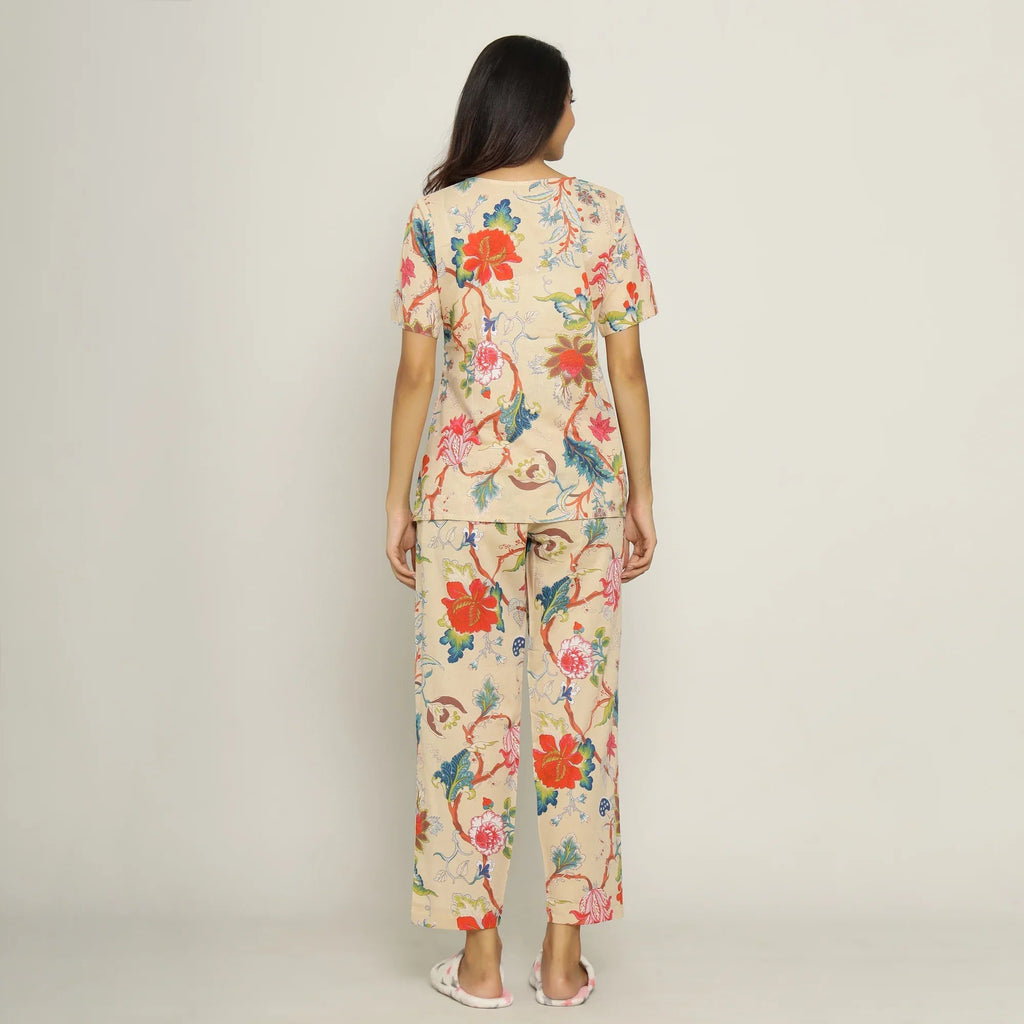 Beige Cotton Printed Night Suit Set with Pajama - SanskrutiHomes 