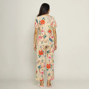 Beige Cotton Printed Night Suit Set with Pajama - SanskrutiHomes 