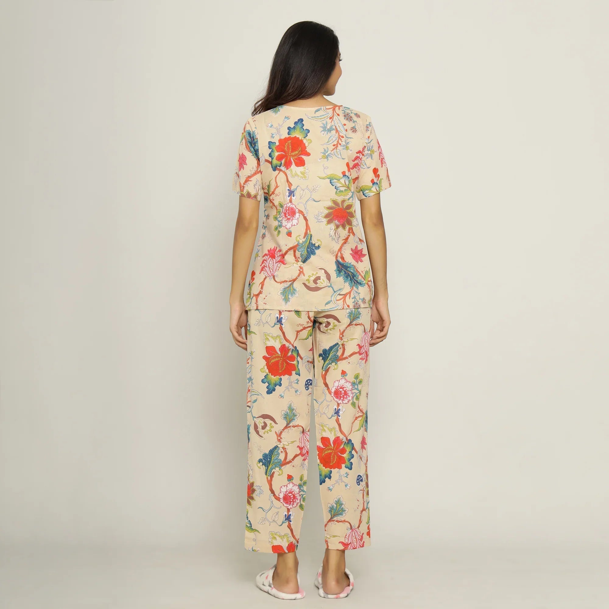 Beige Cotton Printed Night Suit Set with Pajama - SanskrutiHomes 