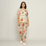 Beige Cotton Printed Night Suit Set with Pajama - SanskrutiHomes 