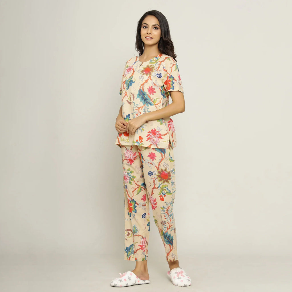 Beige Cotton Printed Night Suit Set with Pajama - SanskrutiHomes 