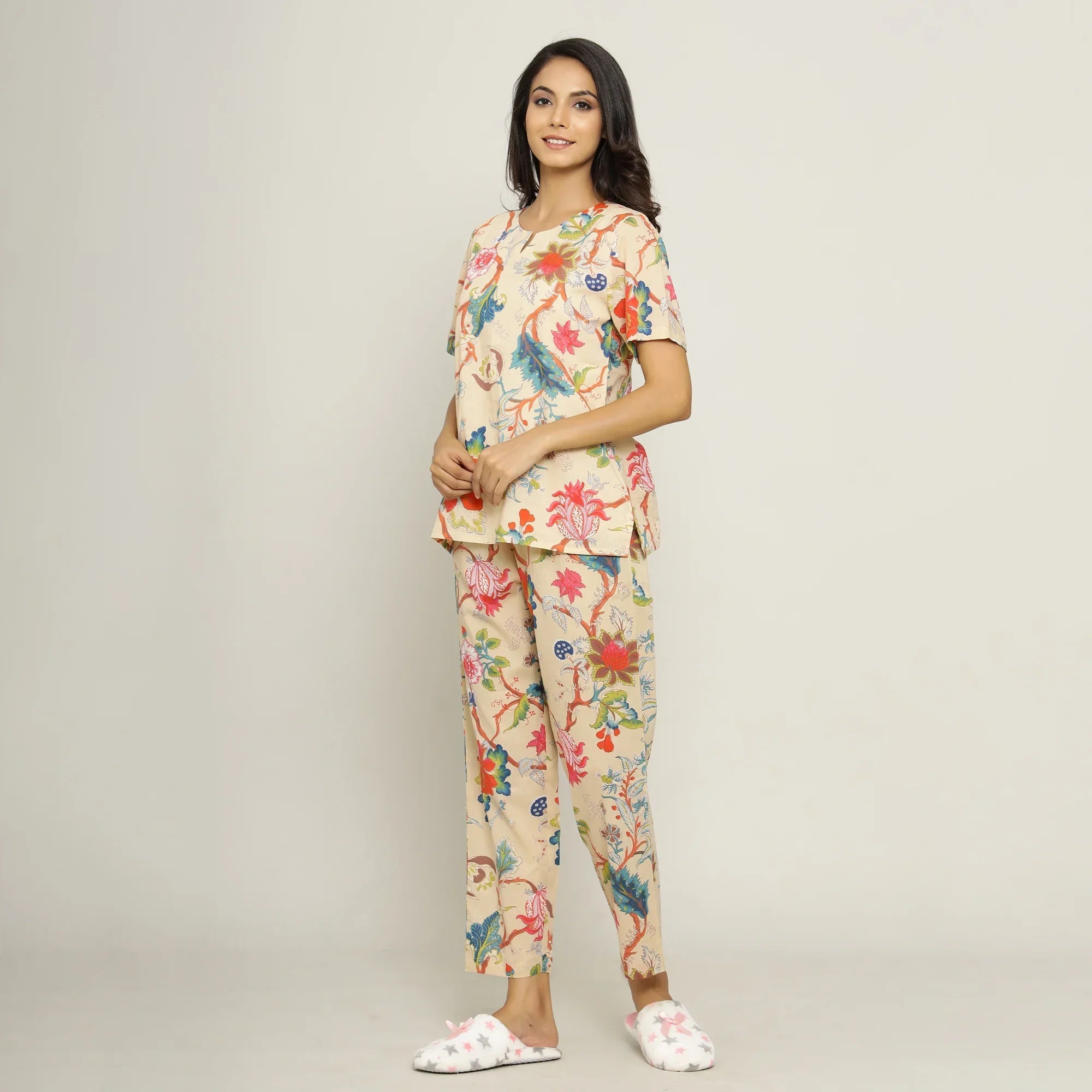 Beige Cotton Printed Night Suit Set with Pajama - SanskrutiHomes 