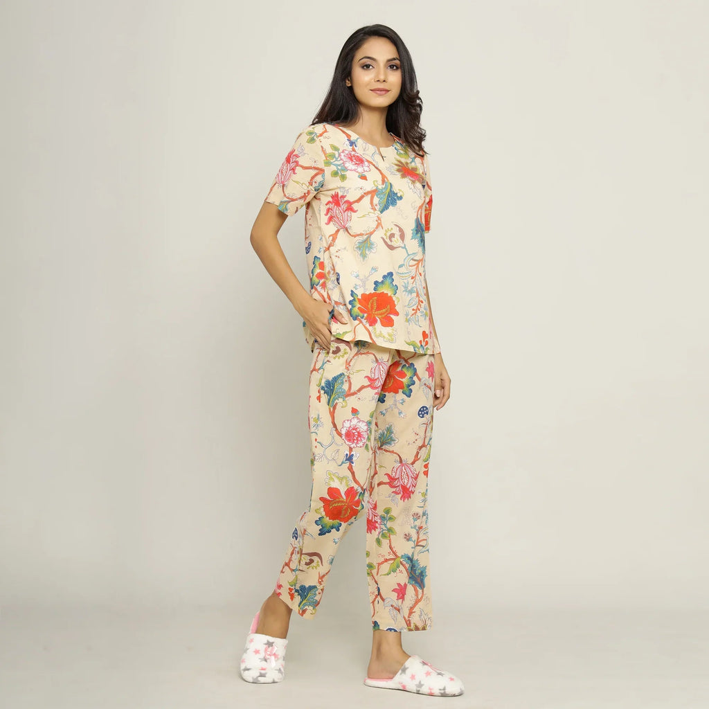Beige Cotton Printed Night Suit Set with Pajama - SanskrutiHomes 