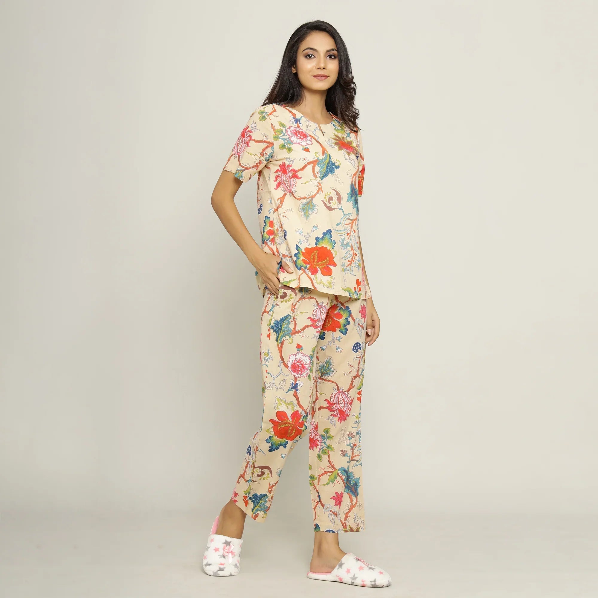 Beige Cotton Printed Night Suit Set with Pajama - SanskrutiHomes 