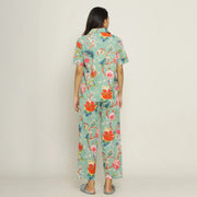 Green Cotton Floral Print Shirt Collar Night Suit Set with Pajama - SanskrutiHomes 