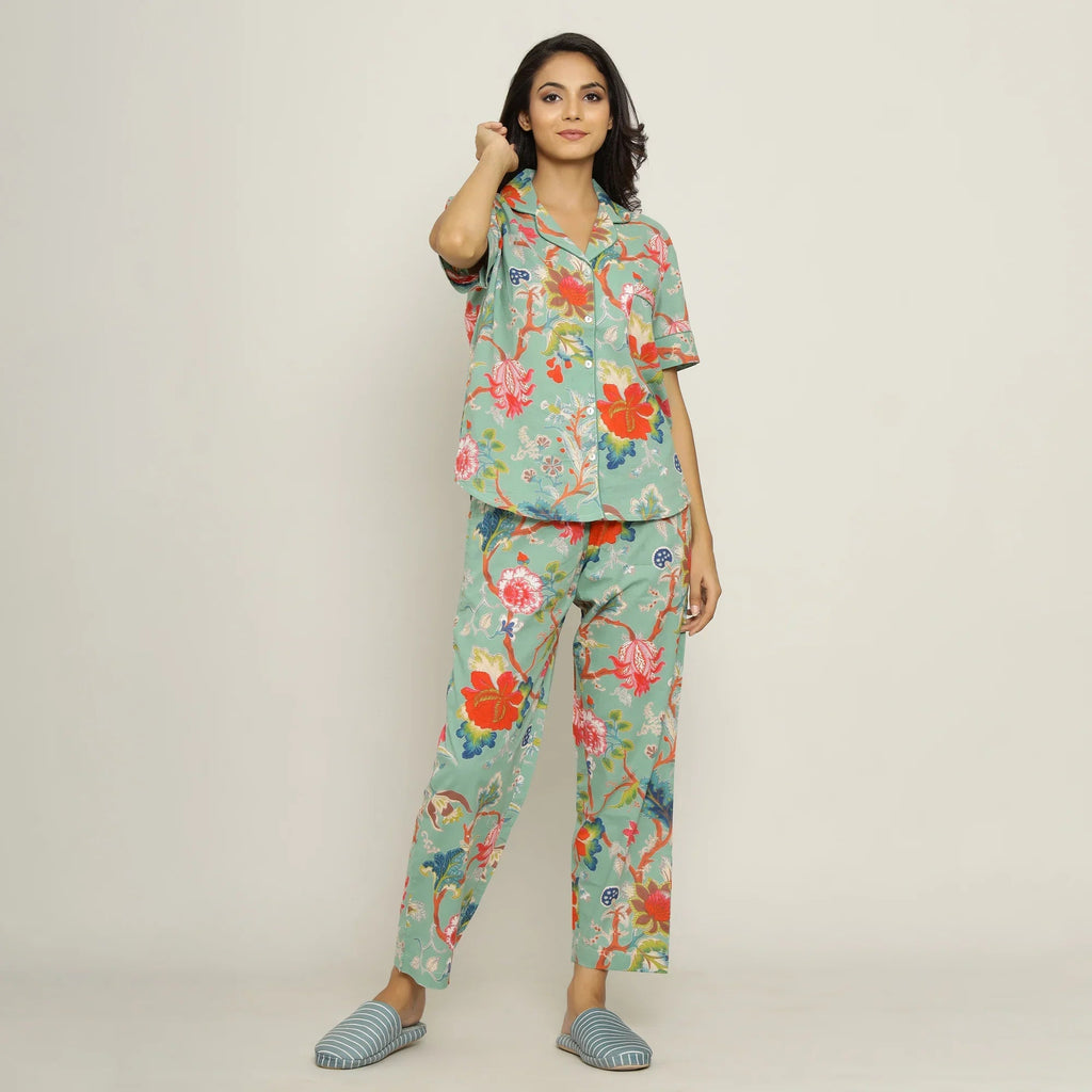 Green Cotton Floral Print Shirt Collar Night Suit Set with Pajama - SanskrutiHomes 