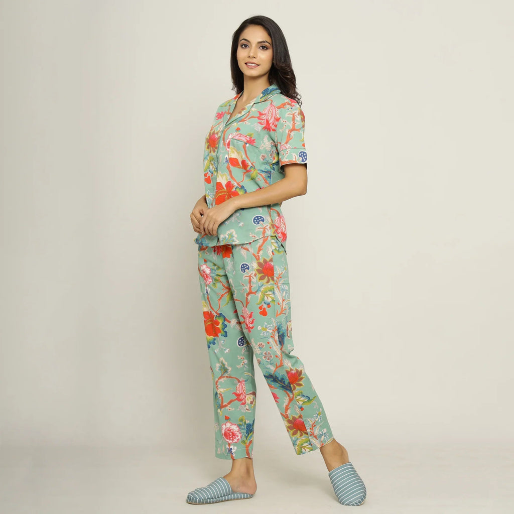 Green Cotton Floral Print Shirt Collar Night Suit Set with Pajama - SanskrutiHomes 