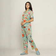 Green Cotton Floral Print Shirt Collar Night Suit Set with Pajama - SanskrutiHomes 