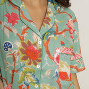 Green Cotton Floral Print Shirt Collar Night Suit Set with Pajama - SanskrutiHomes 