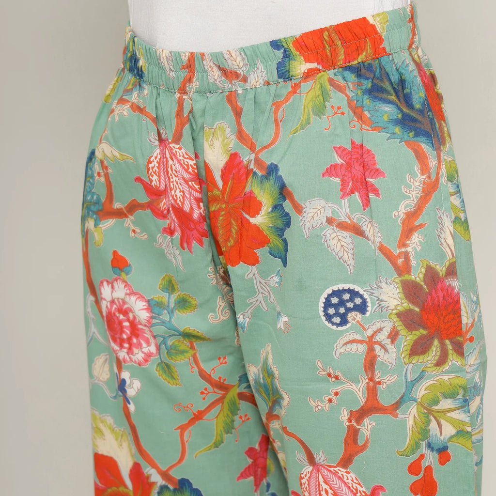 Green Cotton Floral Print Shirt Collar Night Suit Set with Pajama - SanskrutiHomes 