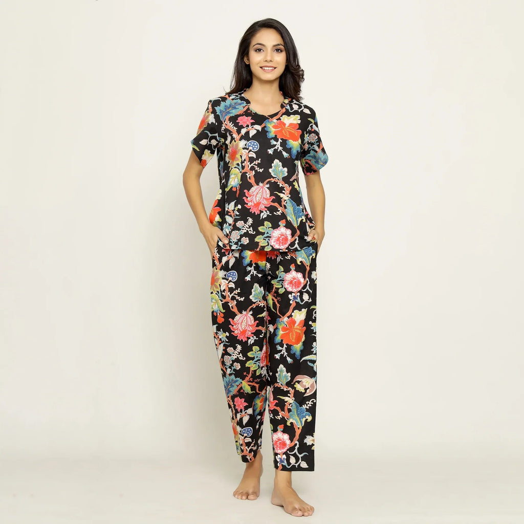 Black Cotton Printed Night Suit Set with Pajama - SanskrutiHomes 