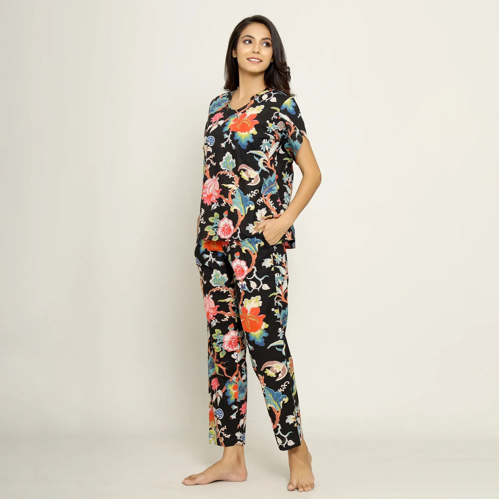 Black Cotton Printed Night Suit Set with Pajama - SanskrutiHomes 