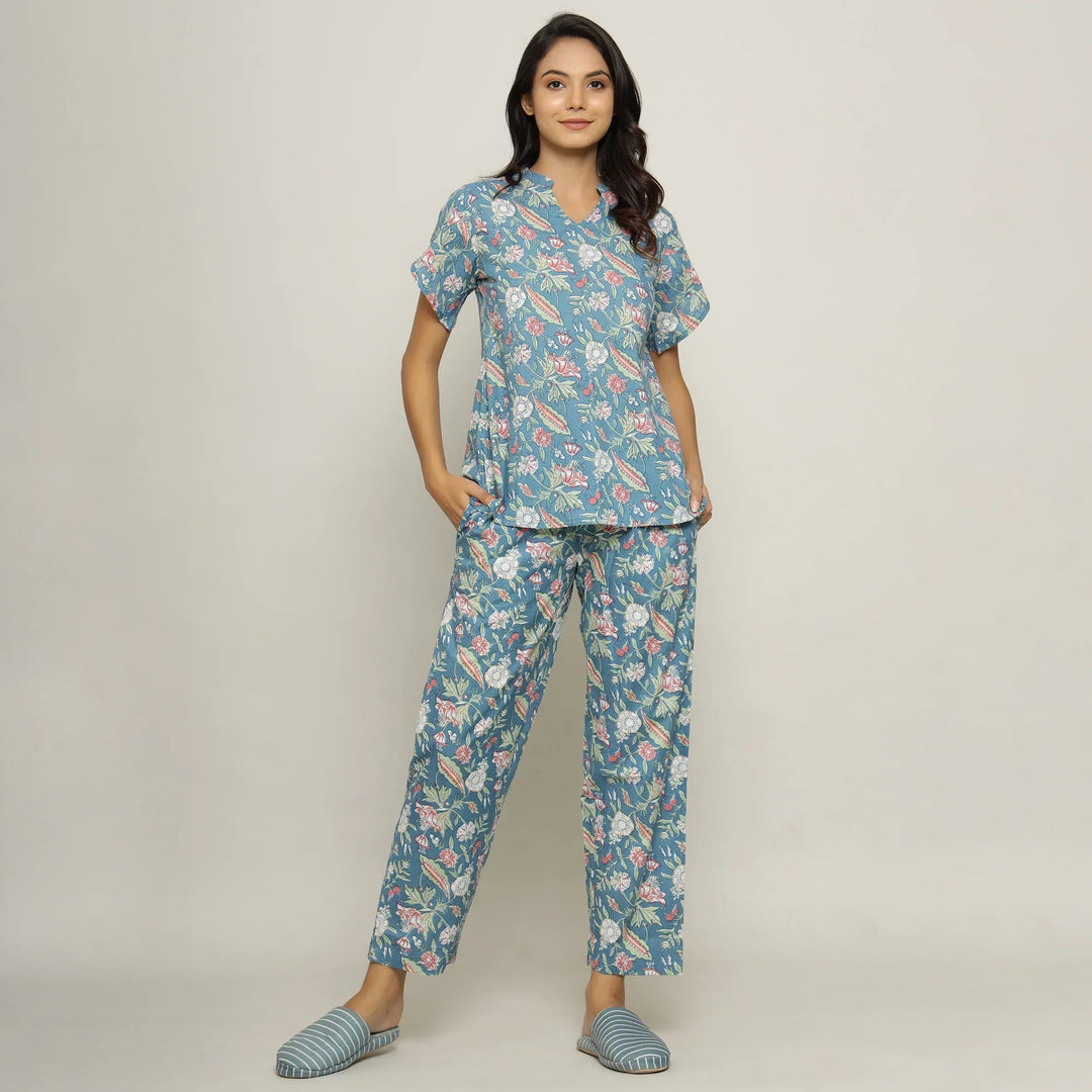 Turquoise Cotton Printed Night Suit Set With Pajama