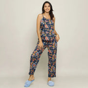 Blue Cotton Printed three Peace Night Suit Set with Pyjama - SanskrutiHomes 