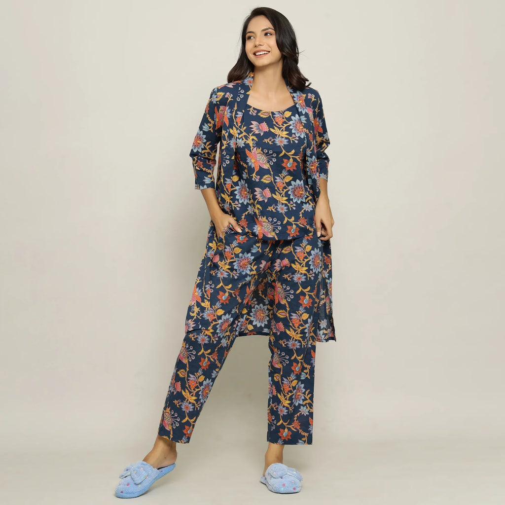 Blue Cotton Printed three Peace Night Suit Set with Pyjama - SanskrutiHomes 