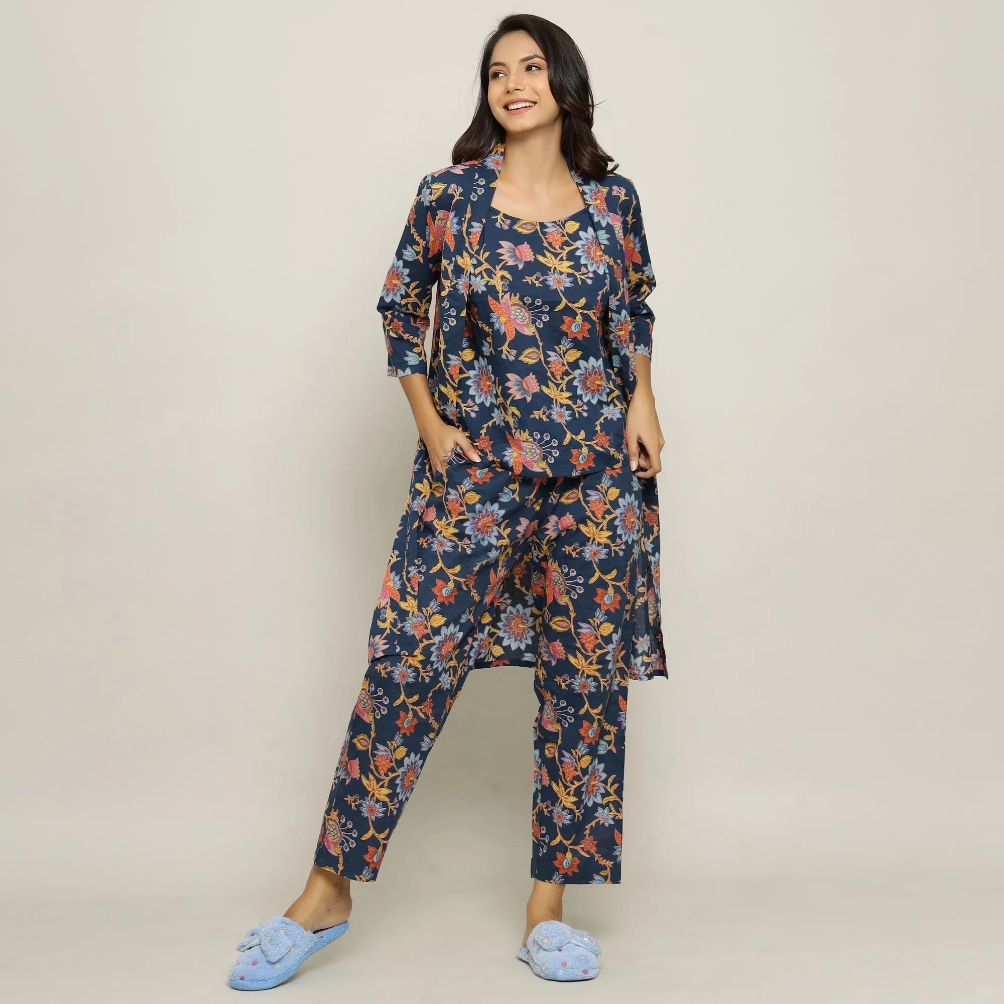 Blue Cotton Printed three Peace Night Suit Set with Pyjama - SanskrutiHomes 
