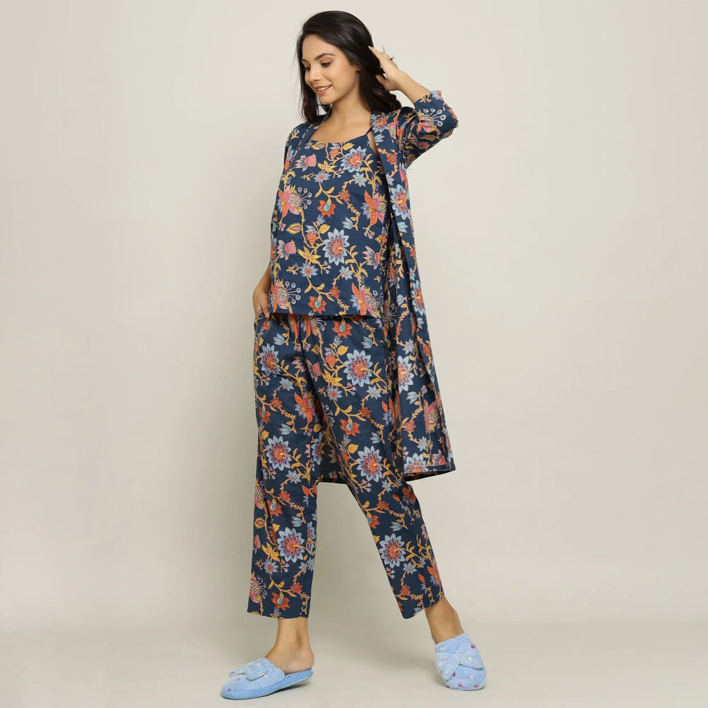 Blue Cotton Printed three Peace Night Suit Set with Pyjama - SanskrutiHomes 