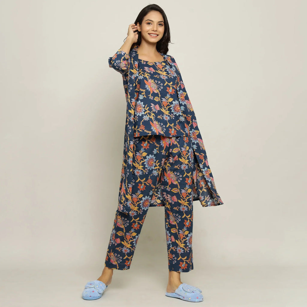 Blue Cotton Printed three Peace Night Suit Set with Pyjama - SanskrutiHomes 