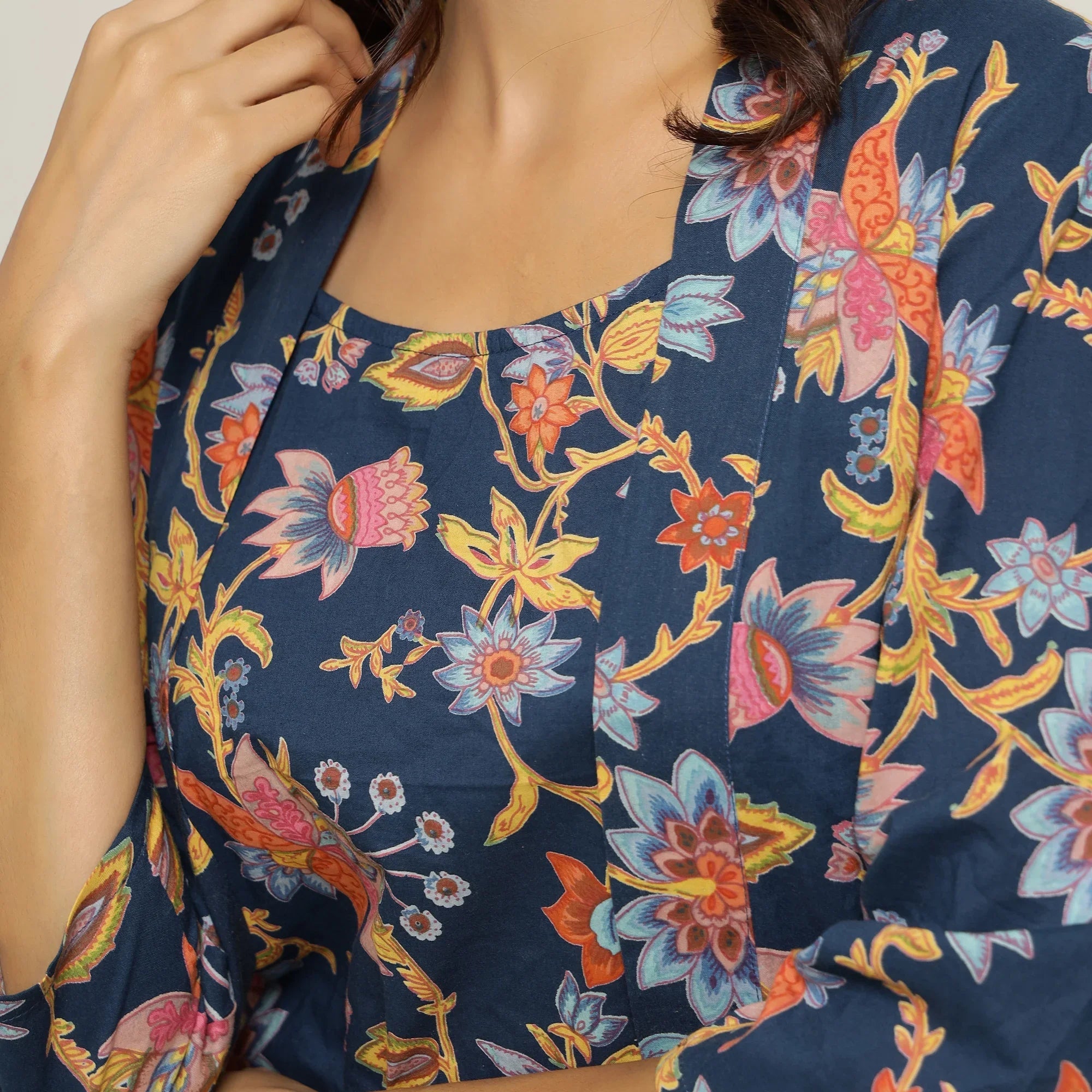 Blue Cotton Printed three Peace Night Suit Set with Pyjama - SanskrutiHomes 