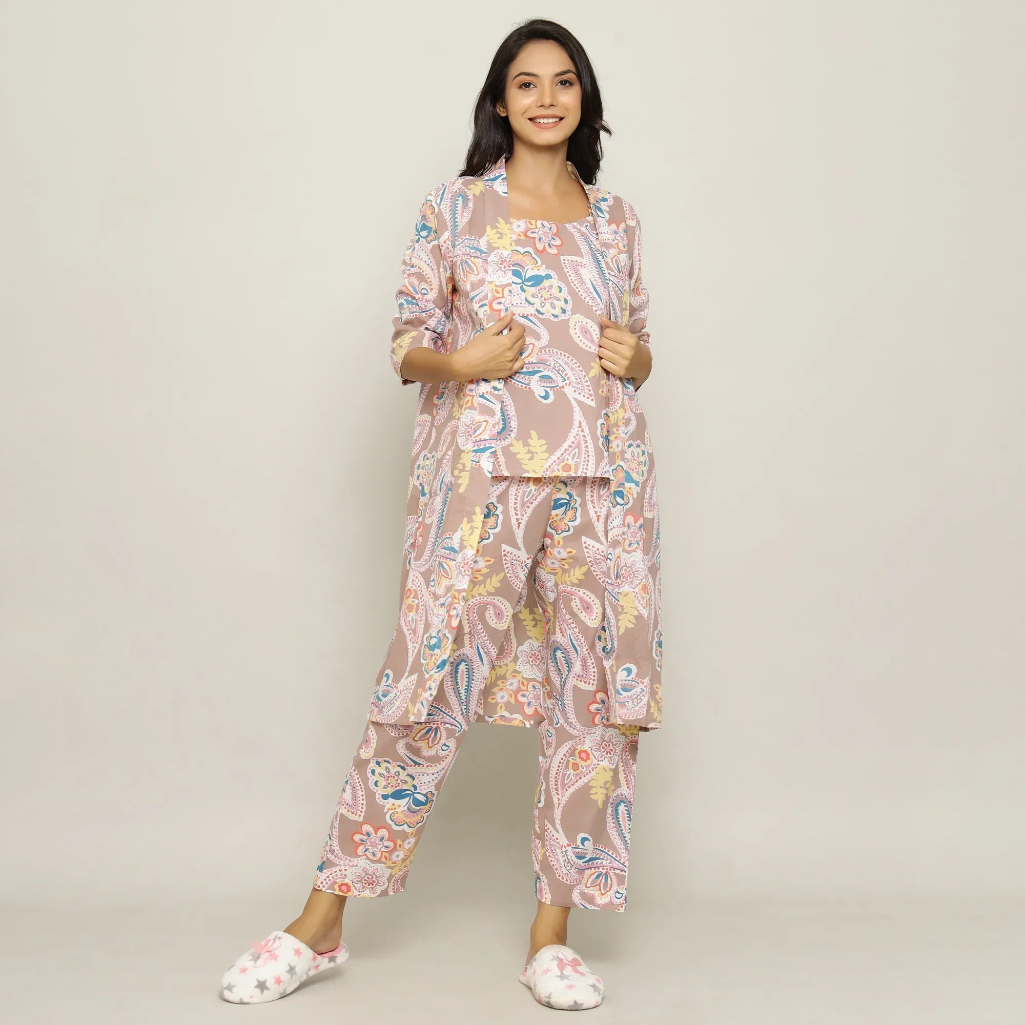 Paisley Cotton Printed 3 peice Night Suit Set - SanskrutiHomes 