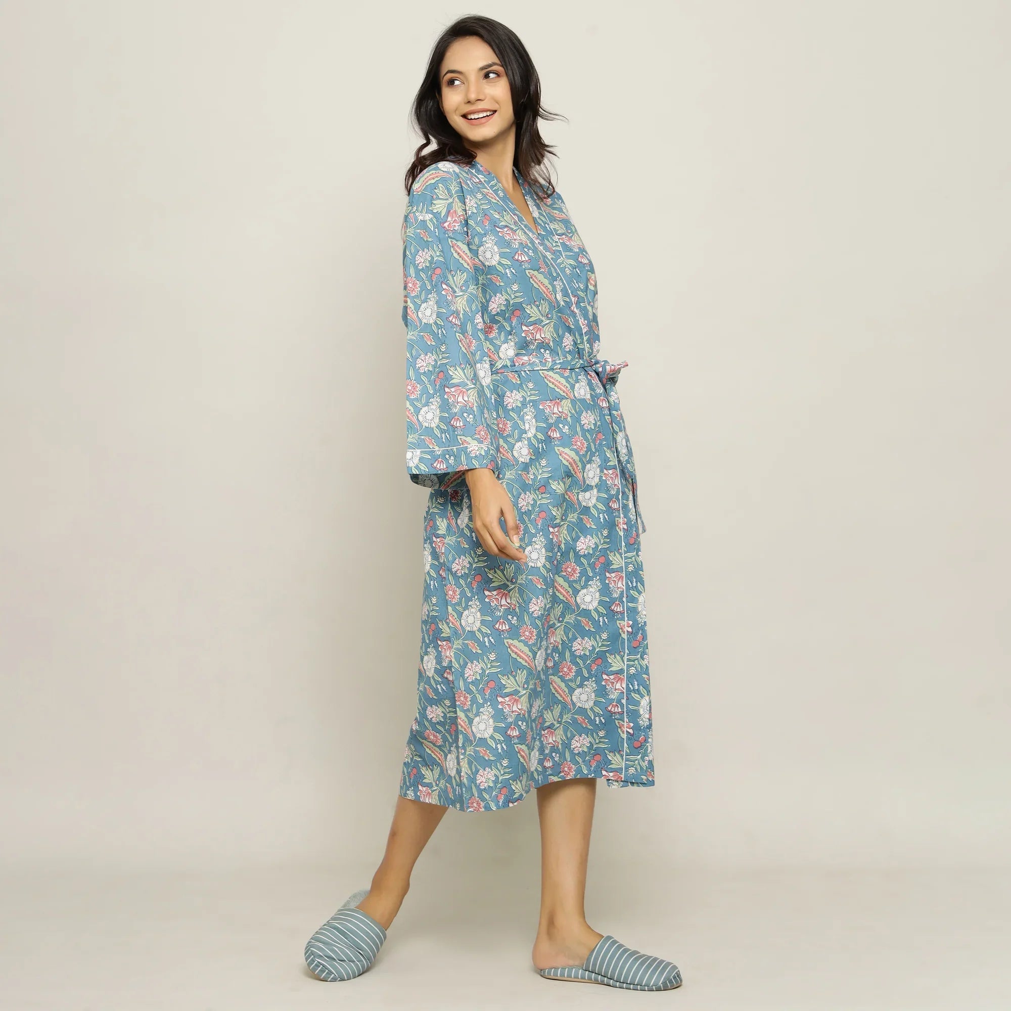 MALIBU FLORAL Cotton printed kimono robe - SanskrutiHomes 