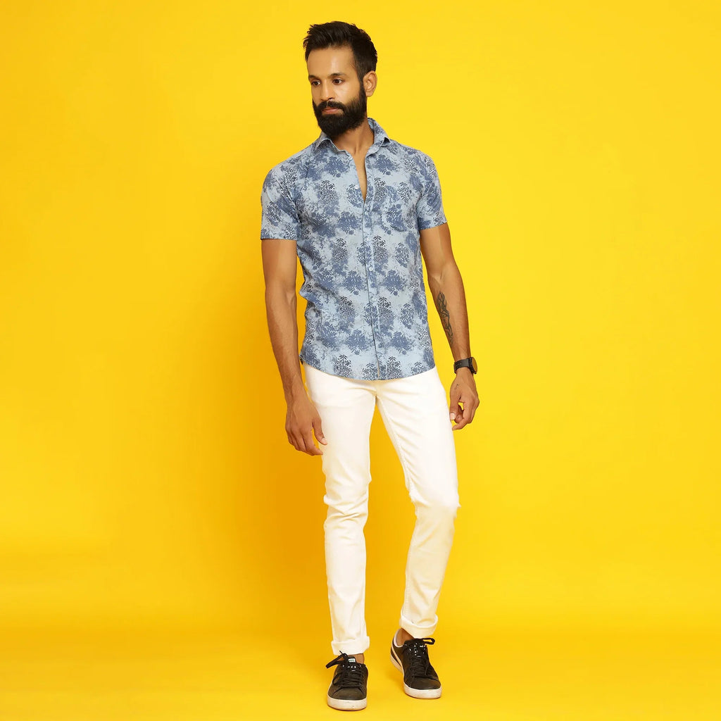 Sanskruti Homes Light Blue Cotton Printed Shirt - SanskrutiHomes 