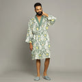 Men's Green Cotton Hand Printed Kimono Robe