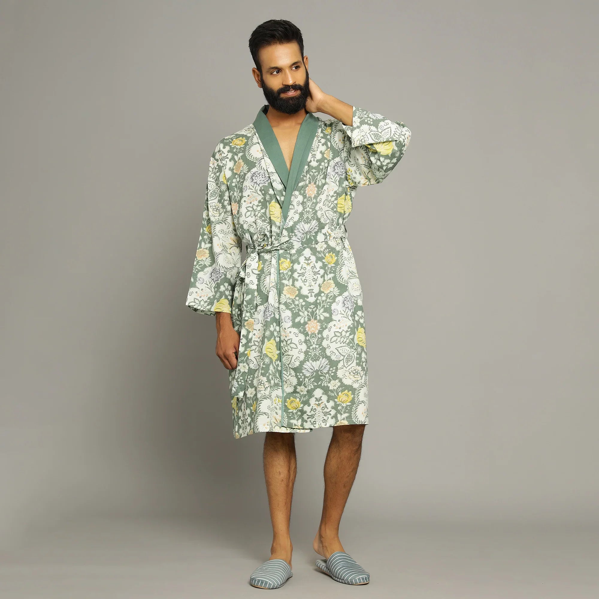 Men's Green Cotton Hand Printed Kimono Robe
